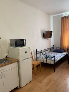 a small room with a bed and a microwave at Flat in Center Teplice in Teplice