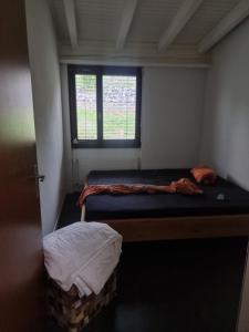 a small room with two beds and a window at Gästezimmer in einen Einfamilienhaus in Rudolfstetten