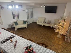 a living room with a christmas tree in the corner at Villa Bran Legend in Bran