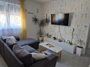 a living room with two couches and a tv at Apartman Malomi in Solin