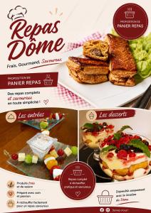 a flyer for a restaurant with food on a plate at Nuit Insolite dôme Reinette tout confort in Châtenois