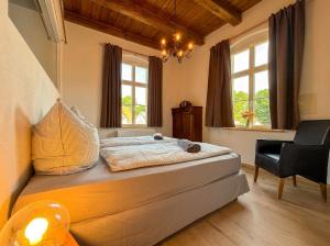 a bedroom with a bed with a chair and windows at Wauermühle in Lohmen