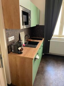 a kitchen with green cabinets and a counter with a microwave at Perlová Suites in Pilsen +19 photos