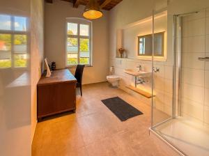 a bathroom with a desk and a sink and a shower at Wauermühle in Lohmen +69 photos