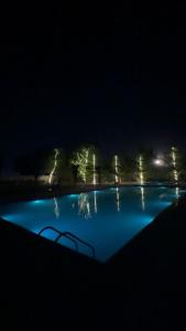 a swimming pool lit up at night with lights at Urban Dhani in Gurgaon