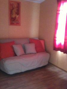 Domaine De Silvabelle في Mars-sur-Allier: أريكة في غرفة معيشة مع وسائد حمراء وبيضاء