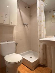 a bathroom with a toilet and a shower and a sink at Ambiente de montaña- Chimenea, vistas y jardín- Isard 4 in Pla de l'Ermita