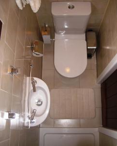 a small bathroom with a toilet and a sink at Lens Hut in Masbury Station