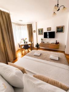 a living room with two beds and a television at Apartments Dragulji Kruševac Central Stay in Kruševac