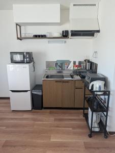 a kitchen with a sink and a refrigerator at 杉 Cedar House in Biei