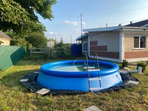 a large blue tub in the grass in a yard at Forest Edge house in Kolonshchina
