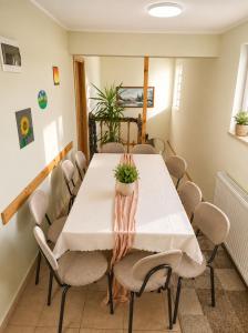 a dining room with a white table and chairs at Vila Monica in Buşteni