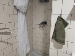 a shower with a towel hanging on the door at Apartma Oliva in Koper +18 photos