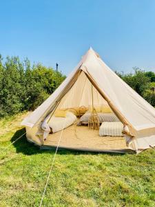 a canvas tent with beds in a field at Boscastle Bell Tents in Boscastle