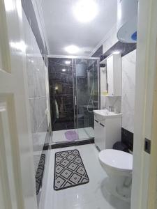 a white bathroom with a shower and a toilet at Шепіт Лісу in Yaremche