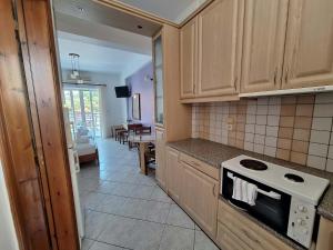 a kitchen with a stove and a dining room at Kallisti in Finikounta