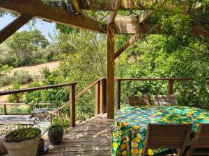 a patio with a table and chairs on a deck at Chambre privative in Lecci