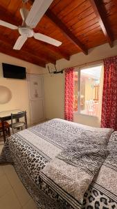 a bedroom with a bed with a ceiling fan and a window at Hostel Maranata in Puerto Madryn