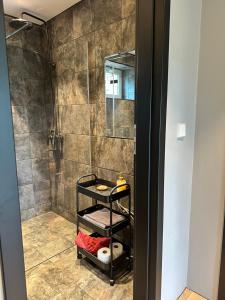 a bathroom with a shower with a glass door at Laitselossi tee Apartment in Laitse