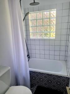 a bathroom with a tub and a toilet and a window at Entrerobles - Casiña Cereixa in La Cañiza
