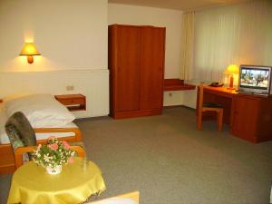 a hotel room with a bed and a table and a television at Hotel an der Hauptallee in Bad Pyrmont