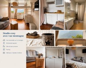 a collage of photos of a kitchen and a living room at Chez So Orcieres in Orcières