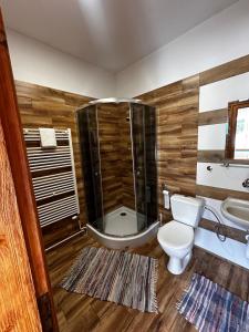 a bathroom with a shower and a toilet and a tub at Goralské chalupy in Zálesie
