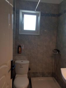 a bathroom with a toilet and a window at Blue Bay Club in Vrachonisída Omprélla
