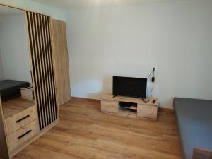 a living room with a tv on a wooden stand at Noclegi nad Zaporą in Międzybrodzie Bialskie