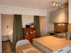 a kitchen and living room with a bed in a room at elf-36 Apartmenthaus Bensersiel in Bensersiel