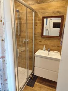 a bathroom with a shower and a sink at Chalupa Meduňka in Vsetín +23 photos