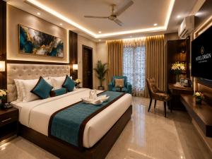 a hotel room with a bed and a television at Hotel ORIGIN Hyderabad Airport in Hyderabad