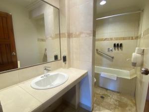 a bathroom with a sink and a shower at Cavi Rooms 511 in Cuenca