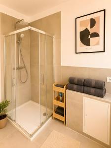 a shower with a glass enclosure in a bathroom at Theaterblick Hildesheim in Hildesheim +52 photos