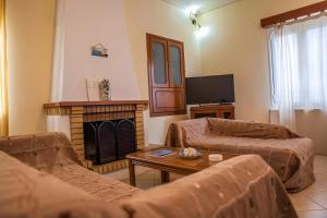 a living room with a couch and a fireplace at Evoia Village House in Neokhórion