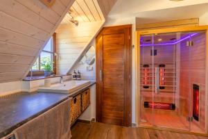 a bathroom with a sink and a shower at NatureHouse Čeřeniště in Malečov