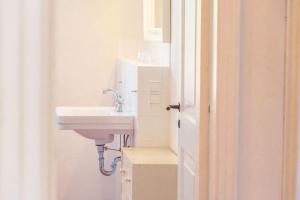 ein Badezimmer mit einem Waschbecken neben einer Tür in der Unterkunft Ferienwohnung Koppelblick III - Boldevitzer Rügenkaten in Parchtitz