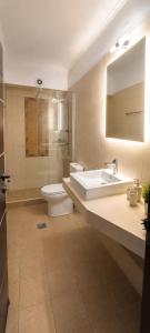 a bathroom with a sink and a toilet and a mirror at Maria's Rose Garden in Lefkada +74 photos