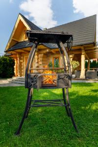 a grill in the grass in front of a house at Chata Czarny Kot z jacuzzi i sauną in Janowice Wielkie