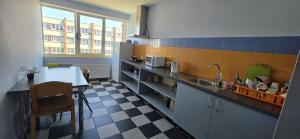 a kitchen with a sink and a table in it at LionEstateHostel in Liepāja
