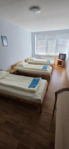 a row of mattresses in a room with a row of beds at LionEstateHostel in Liepāja