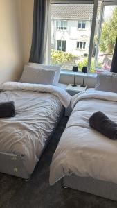 two twin beds in a room with a window at Deel Manor in Eas Géitine