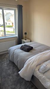 a bed in a bedroom with a large window at Deel Manor in Eas Géitine