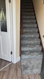 a staircase in a house with a carpet and a door at Deel Manor in Eas Géitine