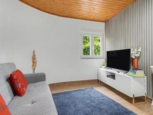 a living room with a couch and a flat screen tv at Casa da Moleira in Amares