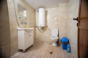 a bathroom with a toilet and a sink and a shower at Кампинг Петлето in Sokolovtsi