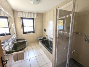 a bathroom with a tub and a sink and a shower at Haus Am Mühlenberg in Löhlbach