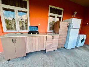 a kitchen with a counter with a laptop on it at Mamuka's Villa in Tsqaltsminda