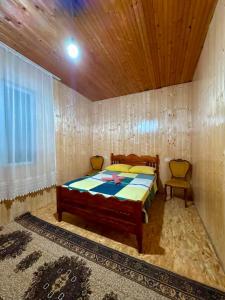 a bedroom with a bed and two chairs in it at Mamuka's Villa in Tsqaltsminda