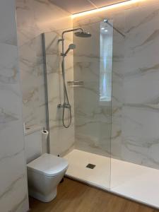 a bathroom with a toilet and a glass shower at Apartamentos El Jardín de Isla Autocheck-In in Isla +21 photos